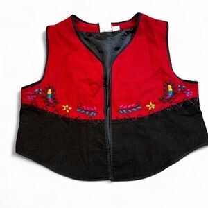 Vintage cottage core embroidered boho‎ floral red open vest size medium